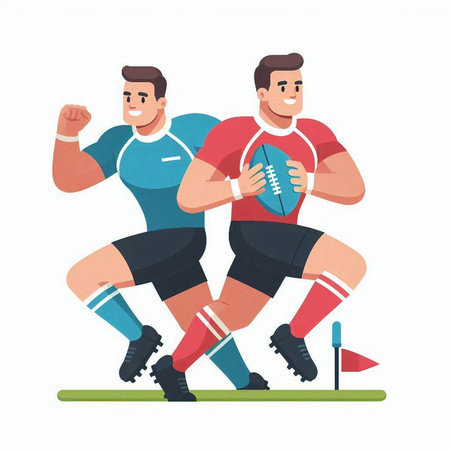 Rugby players. Two men in sportswear with ball. Vector illustrationのイラスト素材