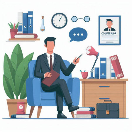 Businessman sitting in armchair in office. Vector illustration in flat styleのイラスト素材