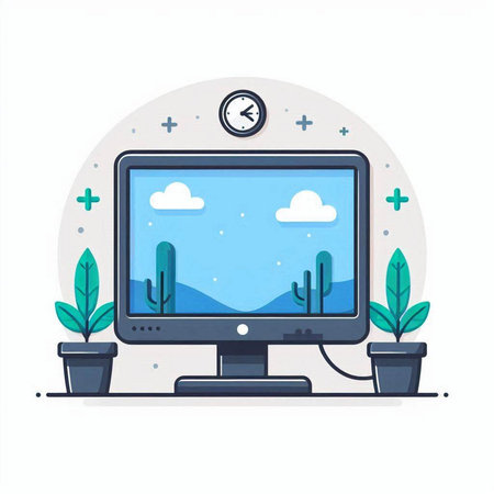 Flat modern design vector illustration concept of home office with computer monitor, cactus and clock.のイラスト素材