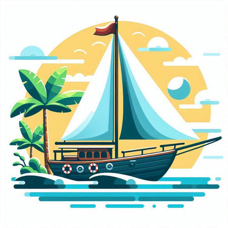 Sailing boat on the ocean with palm trees. Vector illustration.のイラスト素材