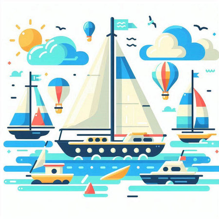 Sailing boats and yachts. Vector illustration in flat styleのイラスト素材