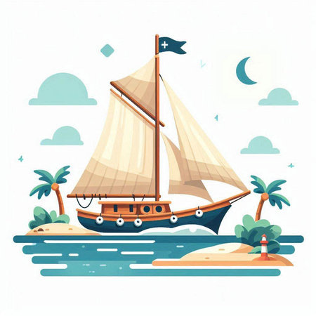 Sailing ship on the beach. Vector illustration in flat style.のイラスト素材