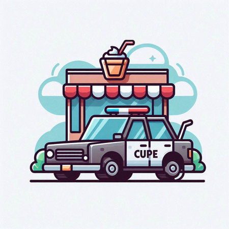 Coffee shop vector illustration. Suv car with coffee cup on roof.のイラスト素材