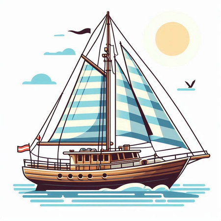 Sailing boat on the sea. Vector illustration in cartoon style.のイラスト素材