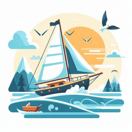 Sailing boat on the sea. Vector illustration in flat style.のイラスト素材
