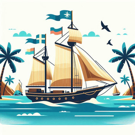 Vintage sailboat on the sea with palm trees. Vector illustrationのイラスト素材