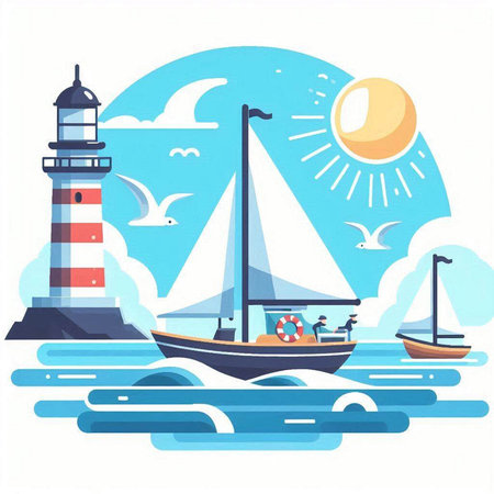 Lighthouse and sailboat on the sea. Vector illustration in flat styleのイラスト素材