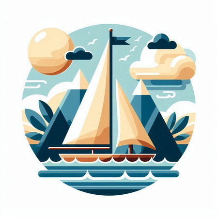 Sailing boat on the sea. Vector illustration in flat style.のイラスト素材