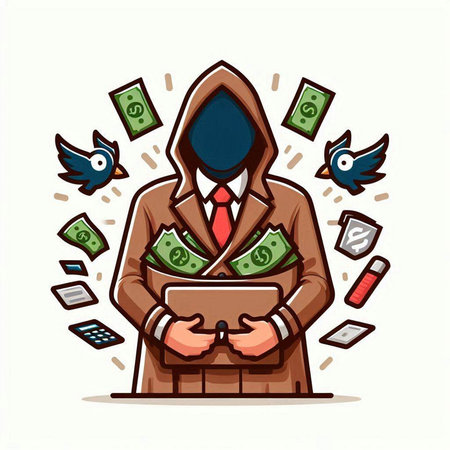 Vector illustration of a hacker with money in his hands. Cartoon style.のイラスト素材