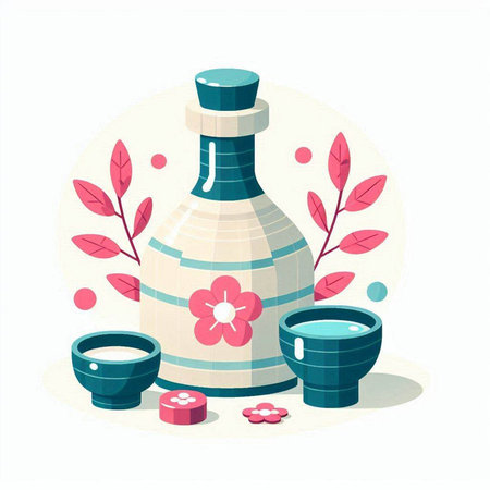 Japanese sake vector illustration. Sake in a ceramic japanese bottle.のイラスト素材