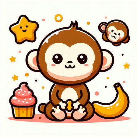 Cute monkey with banana and cupcake. Vector illustration in cartoon style.のイラスト素材