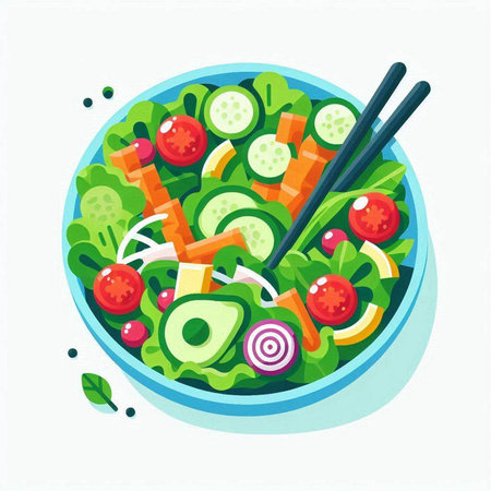 Vegetable salad in bowl with chopsticks. Vector illustration.のイラスト素材