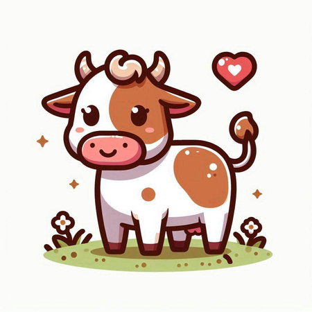 Cute cartoon cow on the meadow with heart. Vector illustration.のイラスト素材