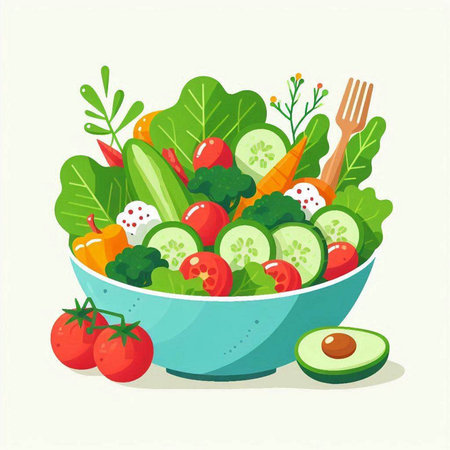 Healthy vegetable salad in bowl. Vector illustration in flat style.のイラスト素材