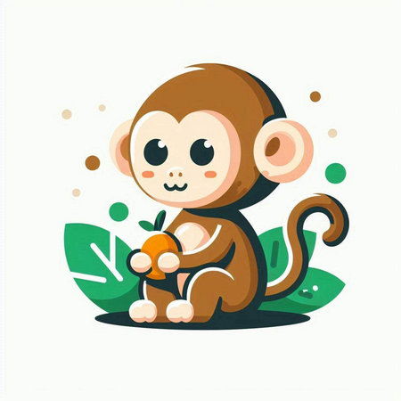 Cute monkey sitting on the grass and holding an orange. Vector illustrationのイラスト素材
