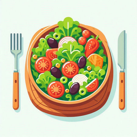 Salad in a wooden bowl with fork and knife. Vector illustration.のイラスト素材