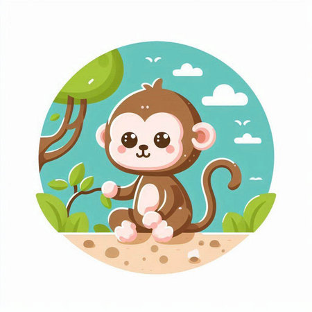 Cute cartoon monkey sitting on the sand in the jungle. Vector illustration.のイラスト素材