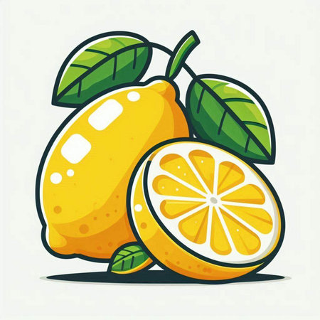 Lemon fruit vector illustration isolated on white background. Hand drawn lemon with green leaves.のイラスト素材