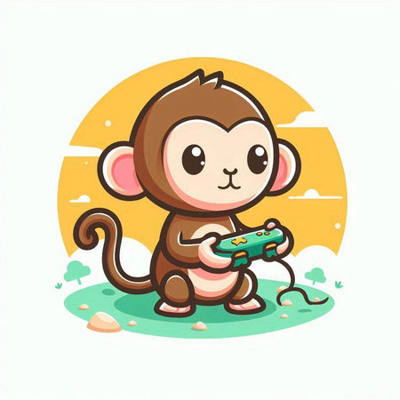 Cute monkey playing video game on the grass. Vector illustration.のイラスト素材