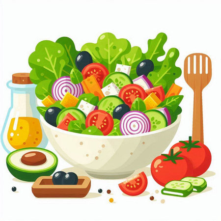 Healthy salad in a bowl. Vector illustration isolated on white background.のイラスト素材