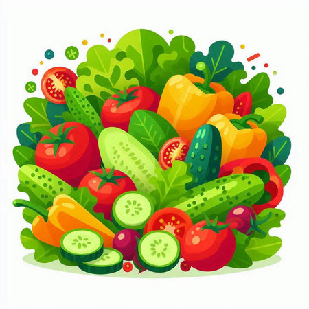 Vector illustration of fresh vegetables. Cucumber, tomato, pepper, cucumber, tomato, lettuce.のイラスト素材