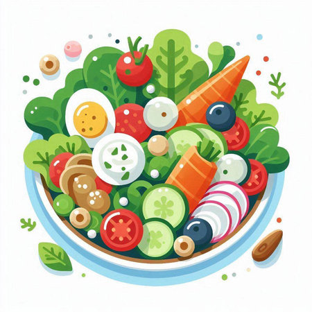 Healthy vegetable salad in a bowl on white background. Vector illustration.のイラスト素材