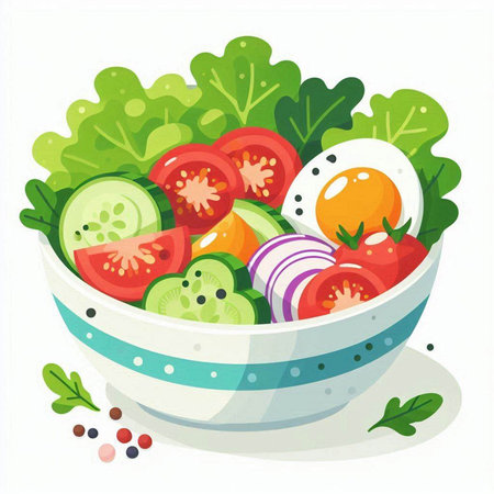 Fresh vegetable salad in a bowl. Vector illustration isolated on white background.のイラスト素材