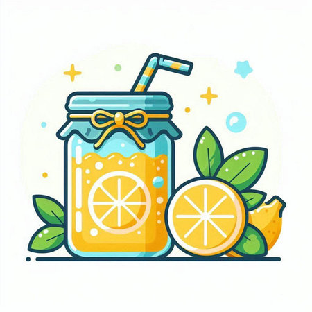 Lemonade in glass jar with straw and lemon slices. Vector illustration.のイラスト素材