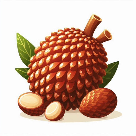 Lychee fruit with leaves on a white background. Vector illustration.のイラスト素材