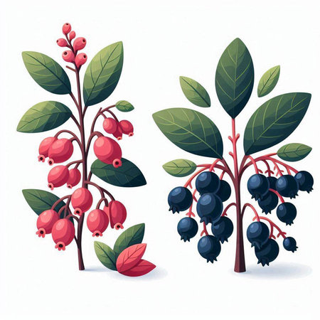 Ripe berries of blueberry on a branch. Vector illustration.のイラスト素材