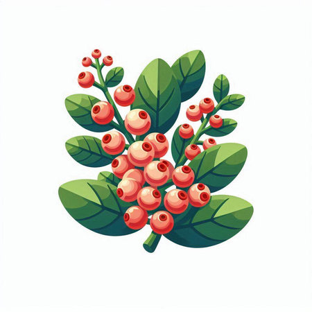 Red berries and green leaves on white background. Vector illustration in cartoon style.のイラスト素材