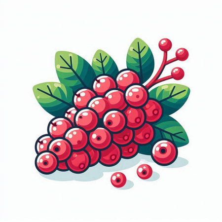Bunch of red cranberries with green leaves. Vector illustration.のイラスト素材