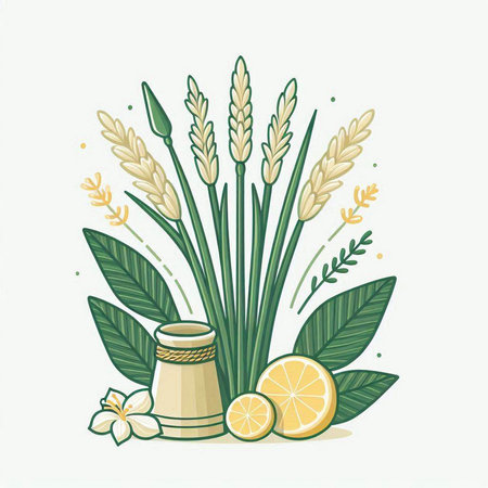 Illustration of a bunch of wheat, lemons and flowers.のイラスト素材