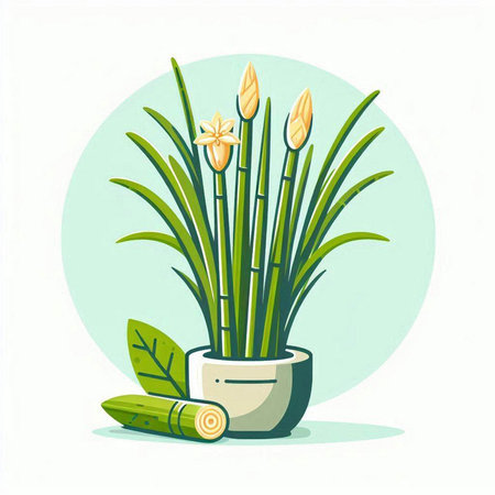 Illustration of bamboo plant in a pot on a green background.のイラスト素材