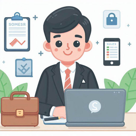 Businessman working with laptop. Vector illustration in flat cartoon style.のイラスト素材