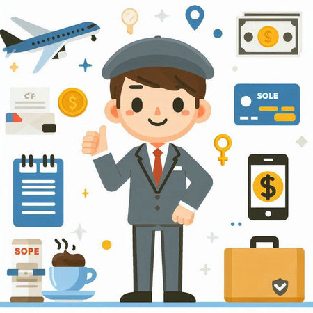 Businessman with money, credit card, coffee cup, bag, wallet, key, laptop, phone, tablet and other objectsのイラスト素材
