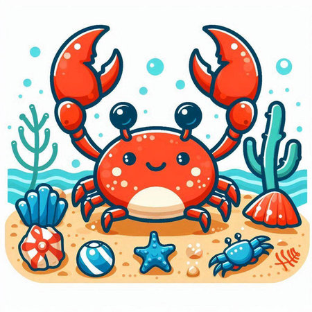 Cute cartoon crab on the seashore. Vector illustration.のイラスト素材