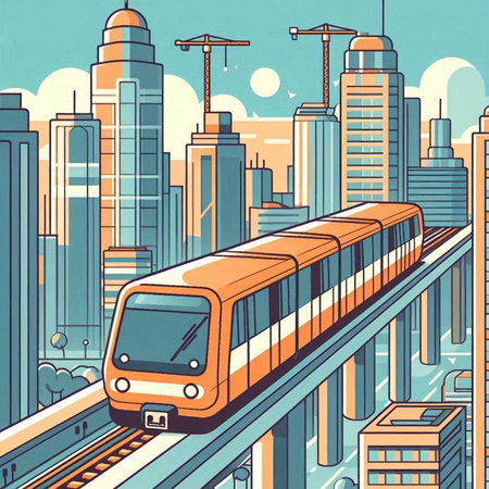 Train on the background of the city. Vector illustration in retro style.のイラスト素材