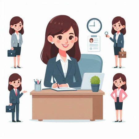 Business woman working in office. Cute cartoon character, vector illustration.のイラスト素材