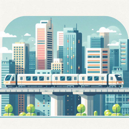 City landscape with high-rise buildings and train. Vector illustration.のイラスト素材