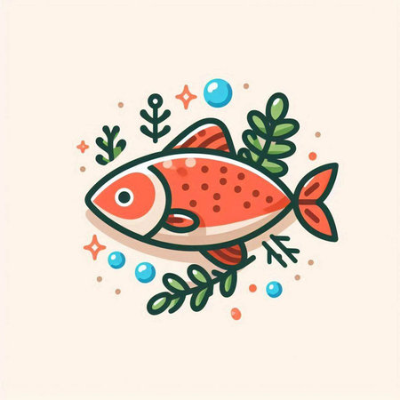 Cute cartoon fish with leaves and bubbles. Hand drawn vector illustration.のイラスト素材