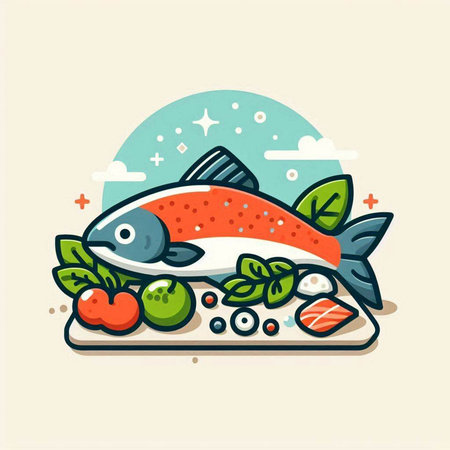 Illustration of fresh salmon with vegetables and herbs. Vector illustration.のイラスト素材