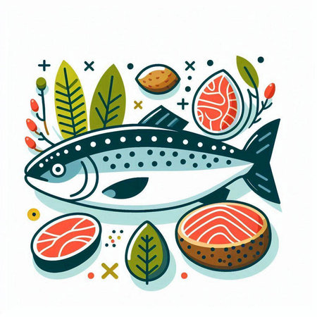 Vector illustration of a fresh salmon, fish steak, vegetables, herbs.のイラスト素材