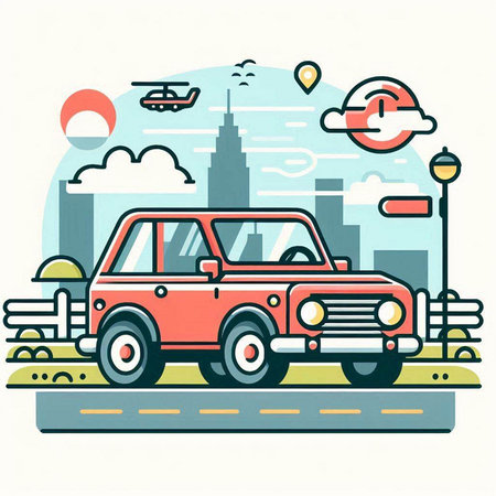 Retro car on the road in the city. Vector illustration.のイラスト素材