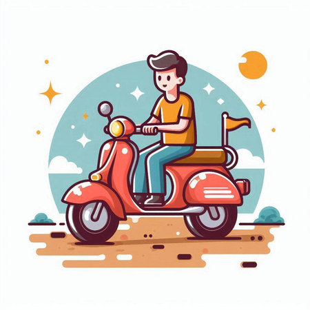 Young man riding a scooter on the road. Vector illustration.のイラスト素材