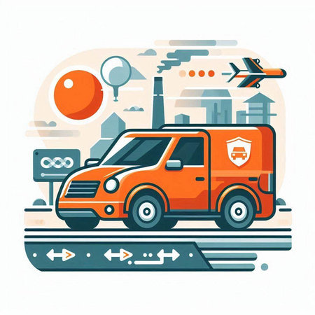 Vector illustration of orange delivery van on the road. Flat style.のイラスト素材