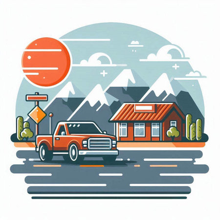 Car on the road in the mountains. Flat style vector illustration.のイラスト素材