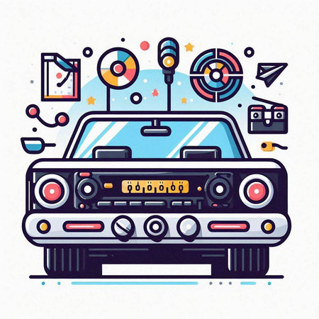 Vector illustration of retro car on white background. Line art style.のイラスト素材