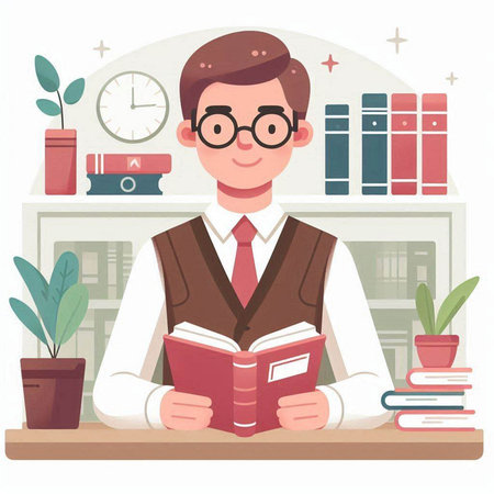 Businessman reading a book in the office. Flat style vector illustration.のイラスト素材