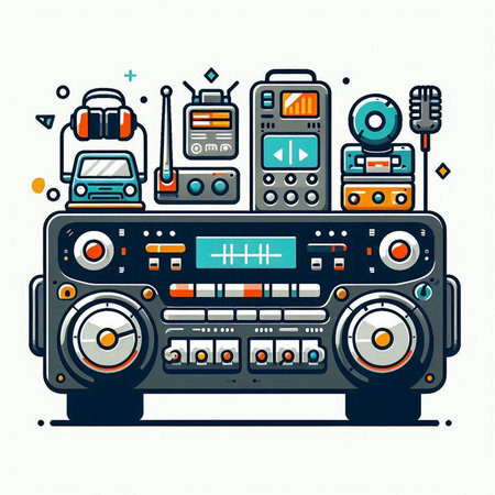 Vector illustration of retro boombox with different media icons. Retro music.のイラスト素材